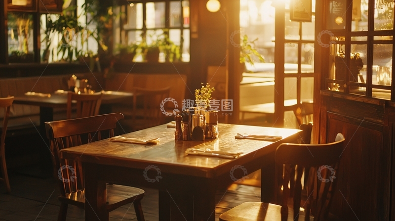 高清大图下载【趣麦麦图】阳光洒进餐厅的木质餐桌