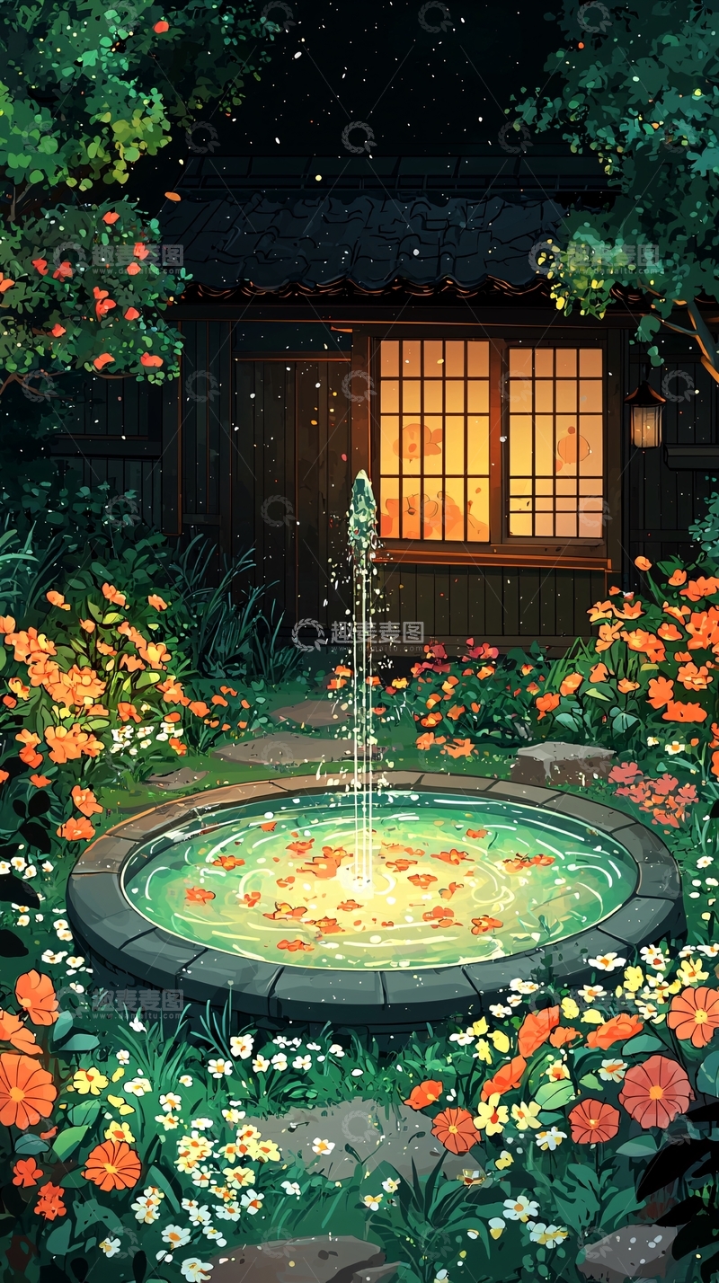 高清大图下载【趣麦麦图】日式庭院夜景