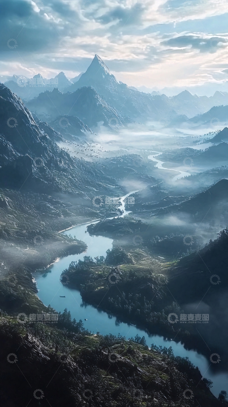 高清大图下载【趣麦麦图】雾气缭绕的峡谷河流