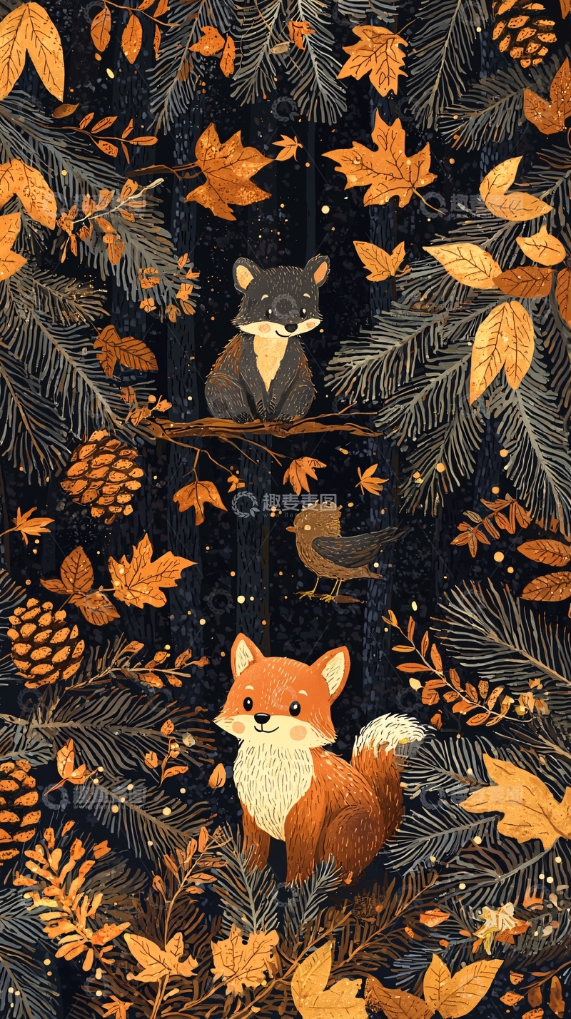 高清大图下载【趣麦麦图】秋日森林小动物插画