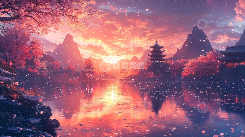 高清大图下载【趣麦麦图】唯美日落樱花山景