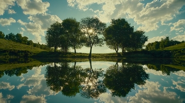 阳光下的树木倒影