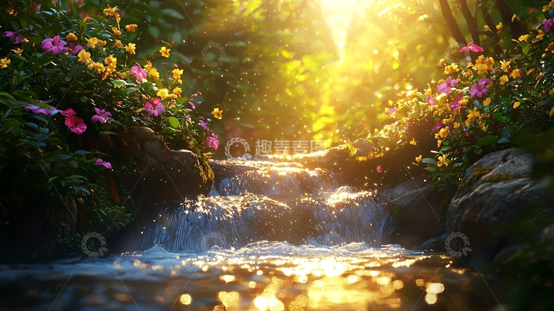 高清大图下载【趣麦麦图】阳光洒在花丛溪流