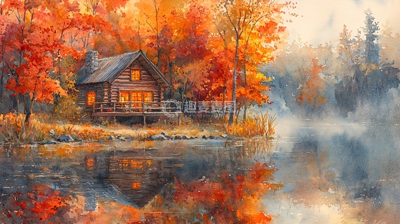 高清大图下载【趣麦麦图】秋日湖边木屋