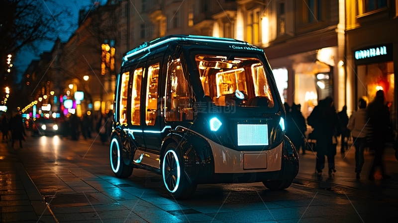 高清大图下载【趣麦麦图】夜晚城市街道上的小巴