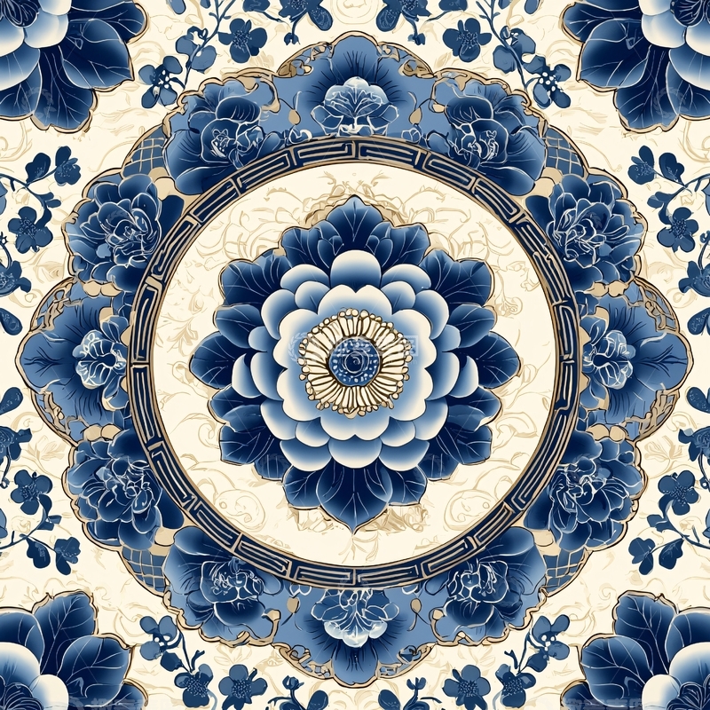 高清大图下载【趣麦麦图】青花瓷风格圆形花卉图案