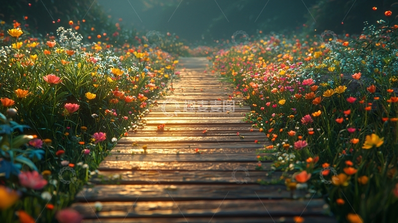 高清大图下载【趣麦麦图】木板路通往鲜花盛开的田野