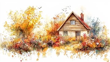 秋日小屋水彩画