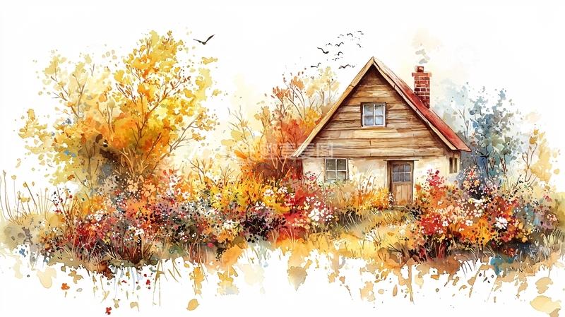 高清大图下载【趣麦麦图】秋日小屋水彩画