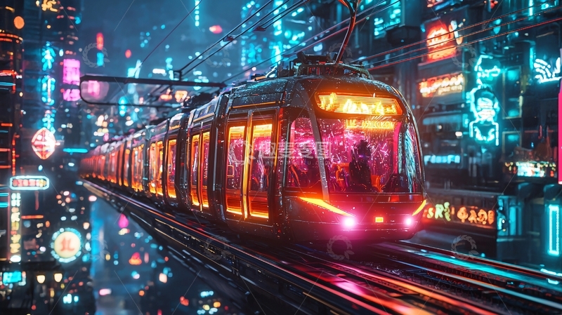 高清大图下载【趣麦麦图】未来都市电车夜景