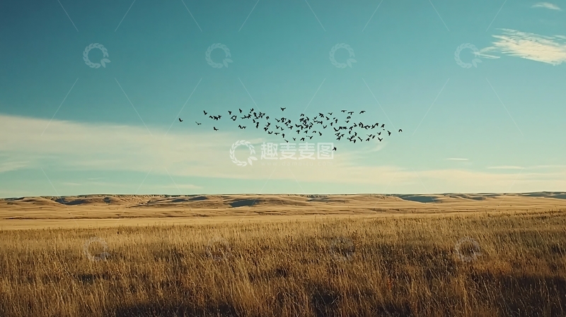 高清大图下载【趣麦麦图】大片迁徙的鸟儿飞过草原