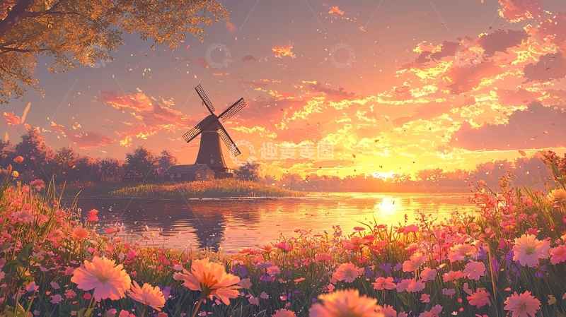 高清大图下载【趣麦麦图】夕阳下田园风车美景