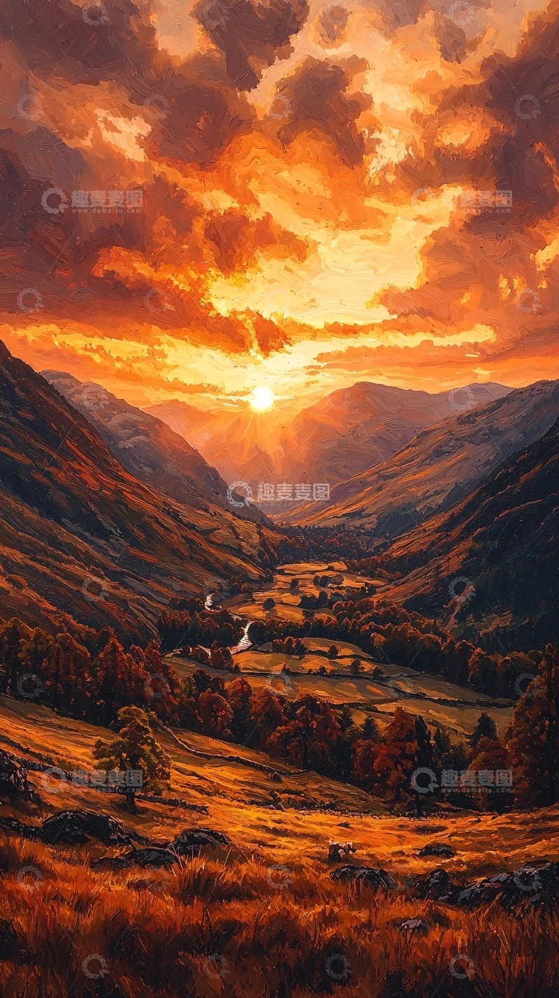 高清大图下载【趣麦麦图】壮丽山谷落日余晖