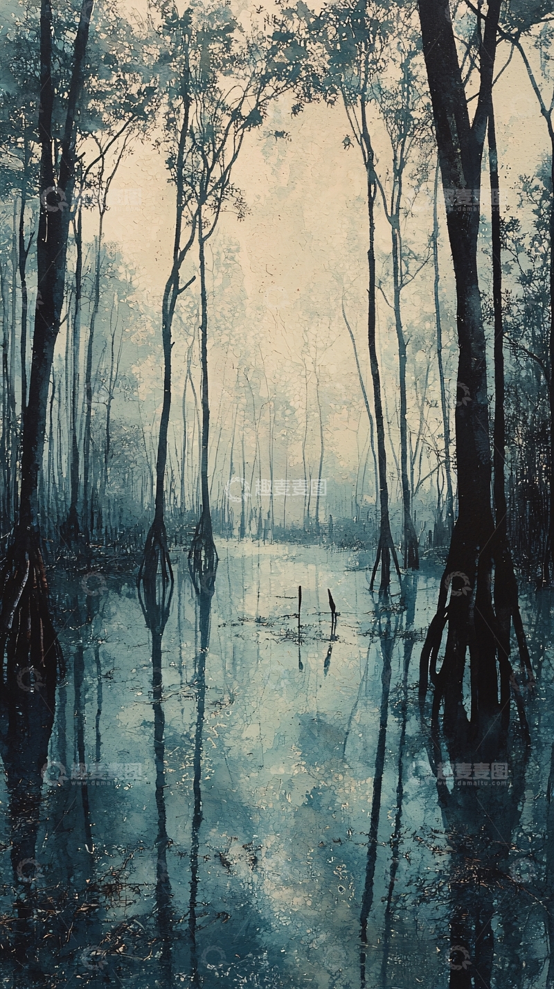 高清大图下载【趣麦麦图】沼泽中雾气笼罩的树木