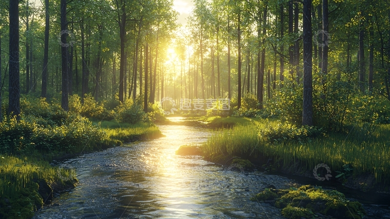 高清大图下载【趣麦麦图】森林小溪日出