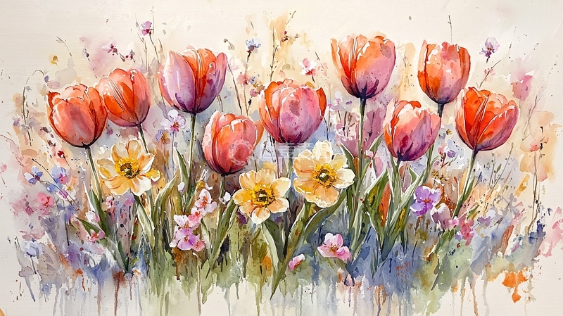 高清大图下载【趣麦麦图】水彩郁金香花田