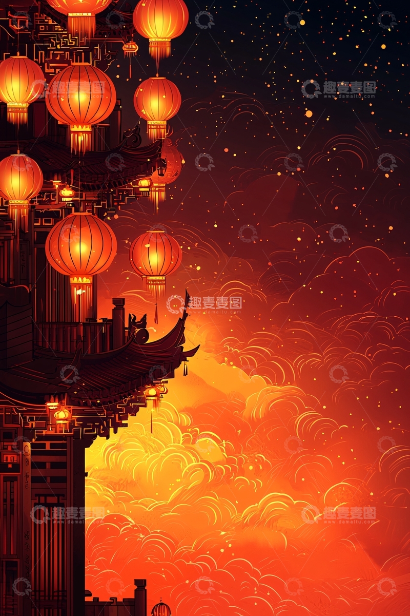 高清大图下载【趣麦麦图】古风建筑悬挂灯笼星空背景