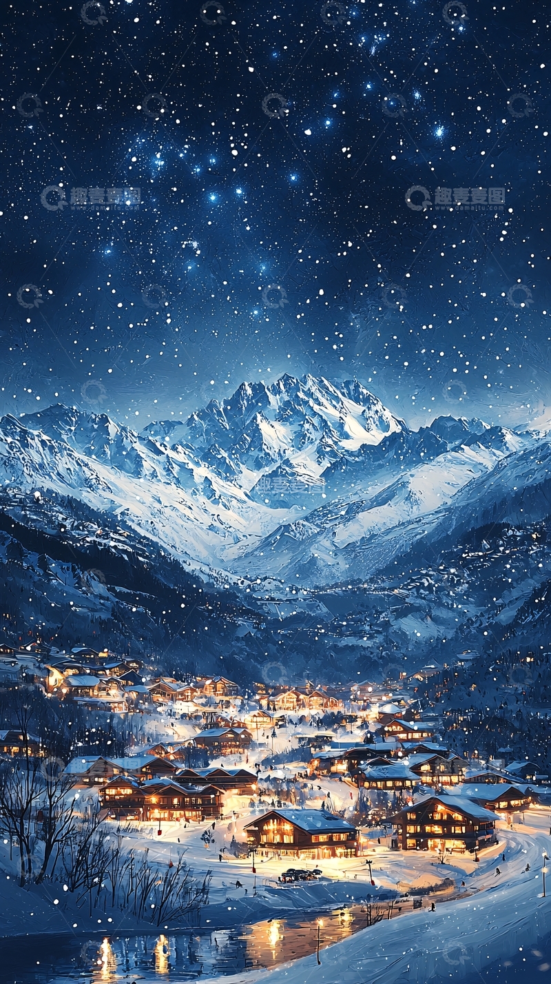 高清大图下载【趣麦麦图】雪山小镇夜景