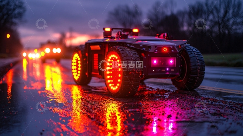 高清大图下载【趣麦麦图】夜间道路上行驶的自动驾驶汽车