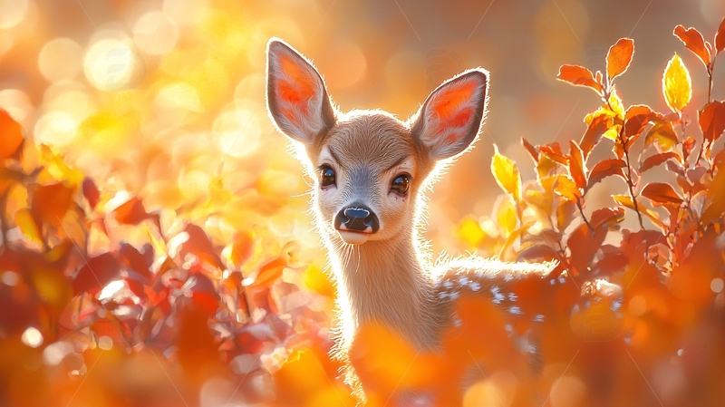 秋日阳光下的可爱小鹿