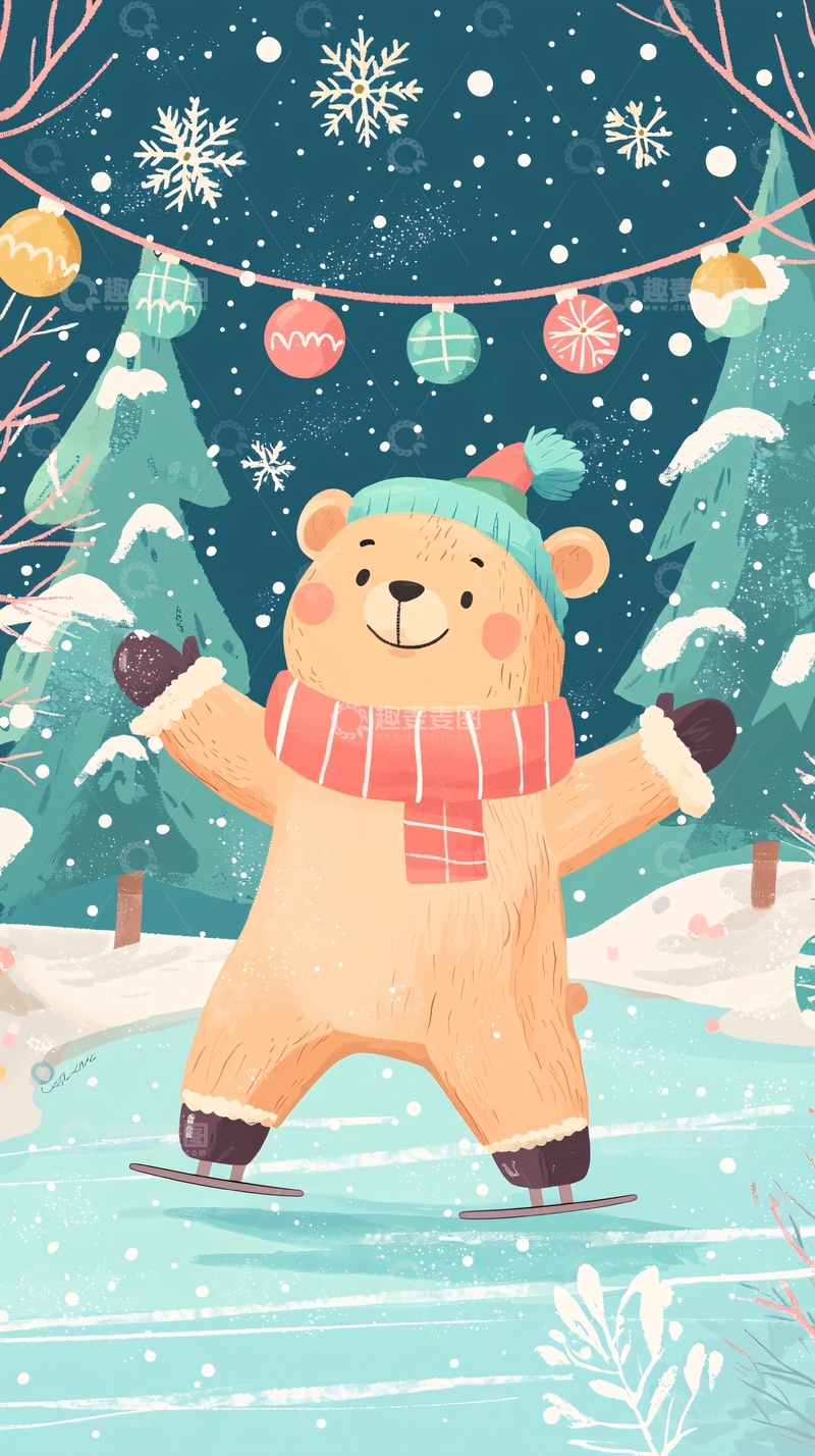 高清大图下载【趣麦麦图】戴帽子的可爱小熊在冰上滑冰