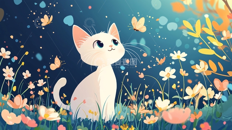 高清大图下载【趣麦麦图】小猫花丛蝴蝶星空