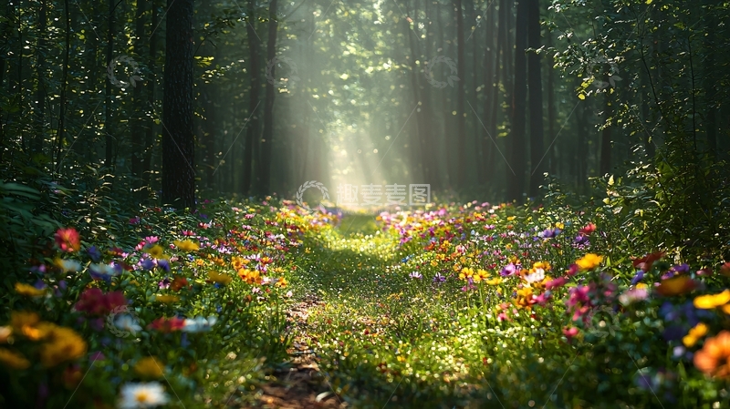 高清大图下载【趣麦麦图】森林小路鲜花阳光