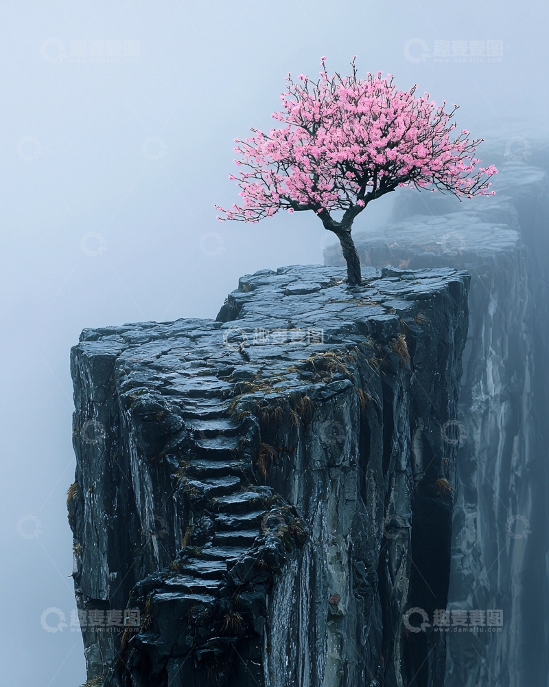 高清大图下载【趣麦麦图】悬崖上的盛开的樱花树