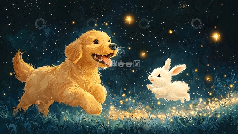 高清大图下载【趣麦麦图】金毛犬与小白兔