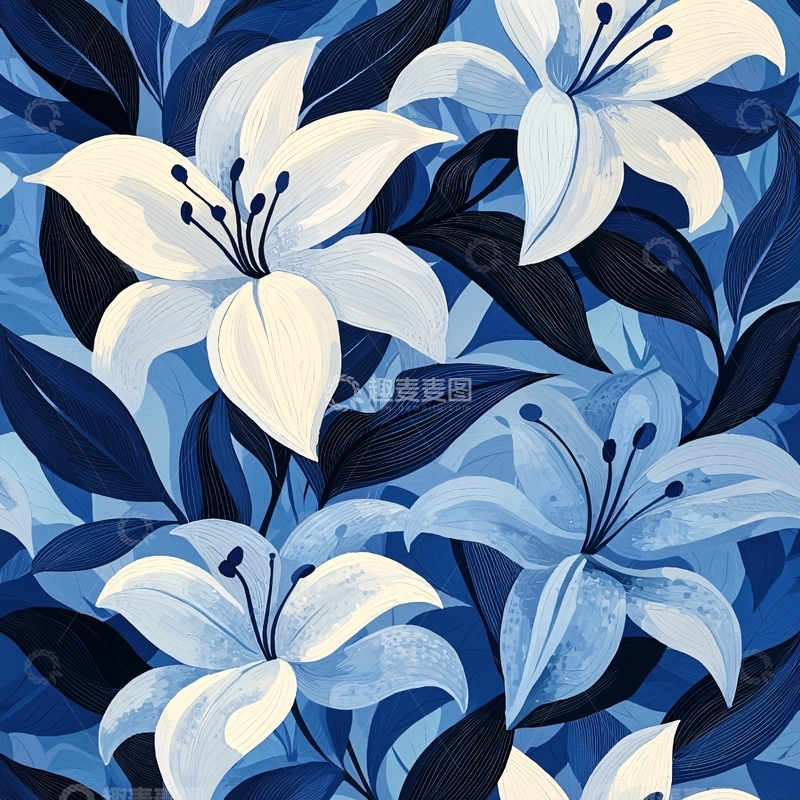 高清大图下载【趣麦麦图】蓝白百合花纹图案