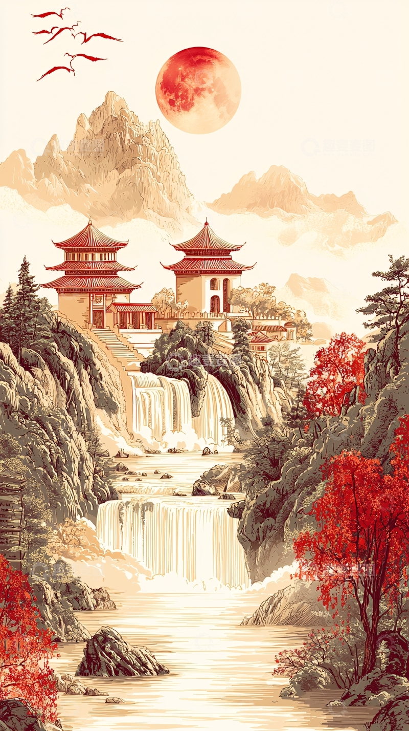 高清大图下载【趣麦麦图】中式水墨山水建筑