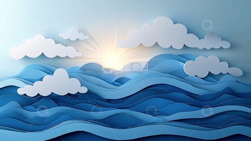 高清大图下载【趣麦麦图】海洋波浪纸艺日出背景