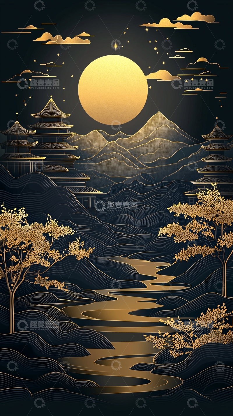 高清大图下载【趣麦麦图】夜空下的金色中式山水楼阁