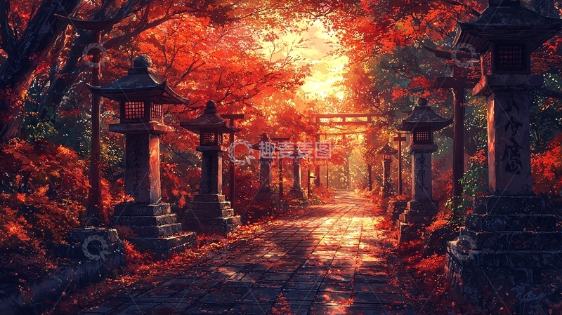 高清大图下载【趣麦麦图】秋日神社小路景色