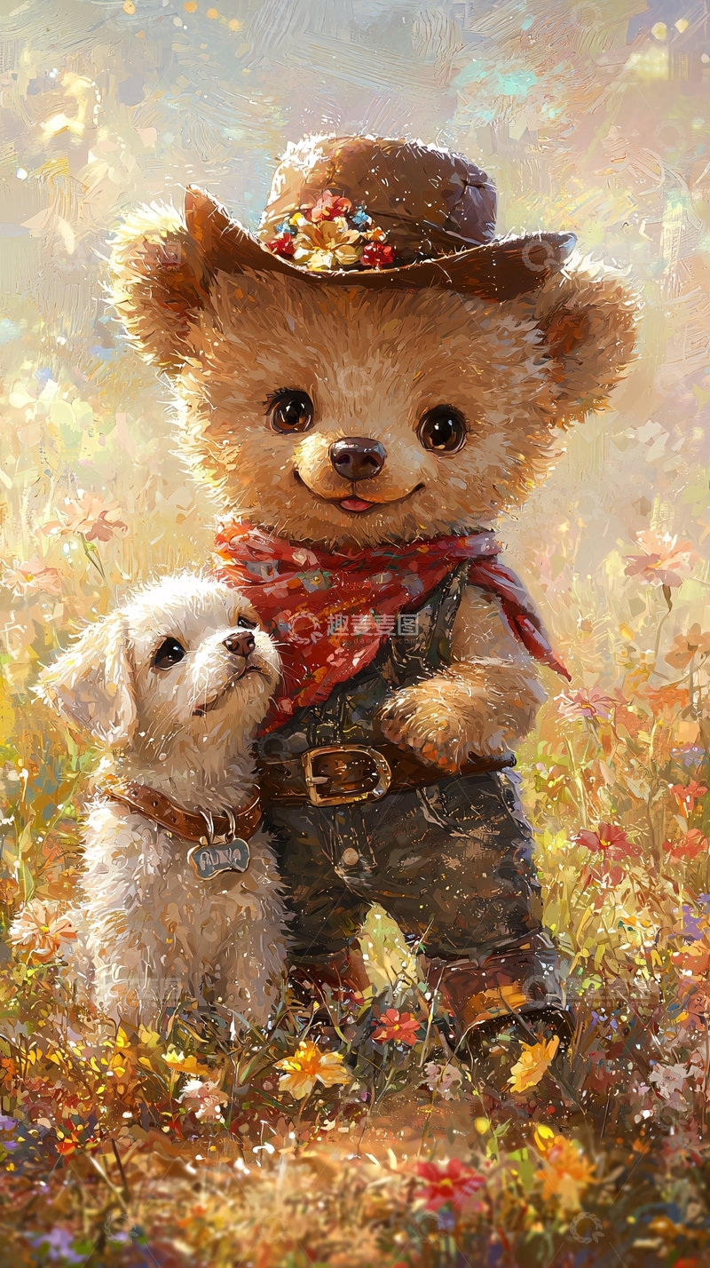 高清大图下载【趣麦麦图】可爱牛仔熊和小白狗