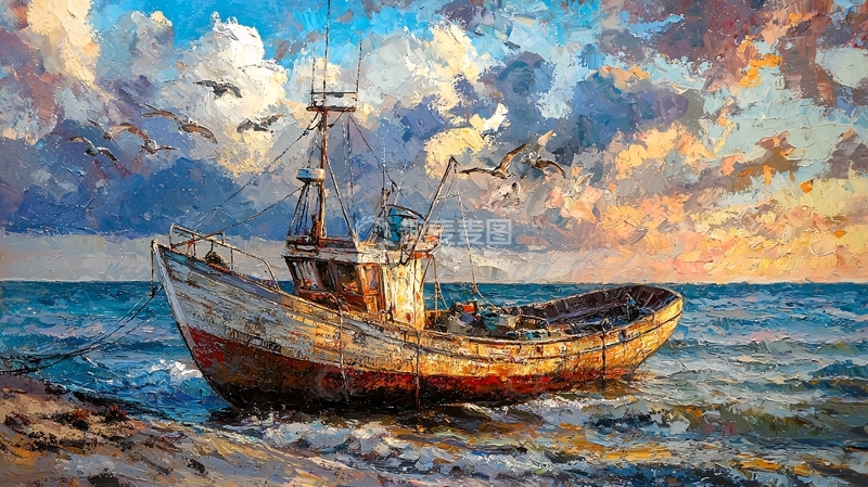 高清大图下载【趣麦麦图】海边破旧渔船日落景象