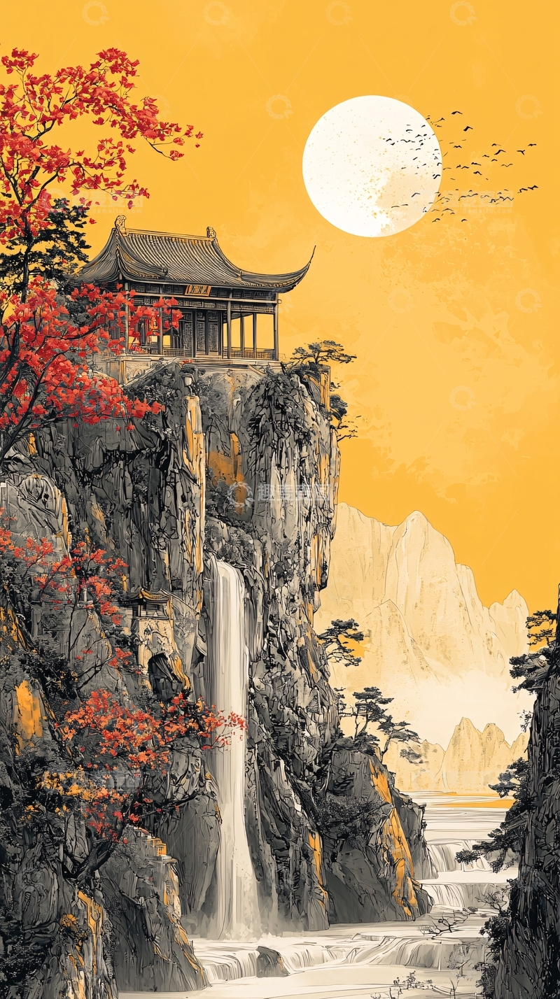 高清大图下载【趣麦麦图】山崖亭台瀑布月亮