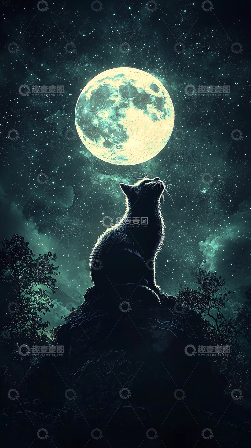 高清大图下载【趣麦麦图】黑猫仰望满月星空