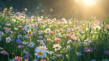 阳光洒在野花田里