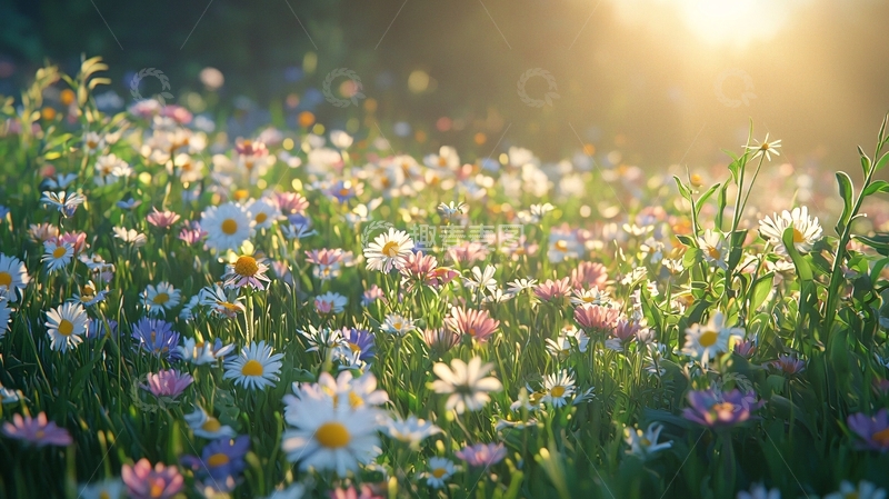 高清大图下载【趣麦麦图】阳光洒在野花田里