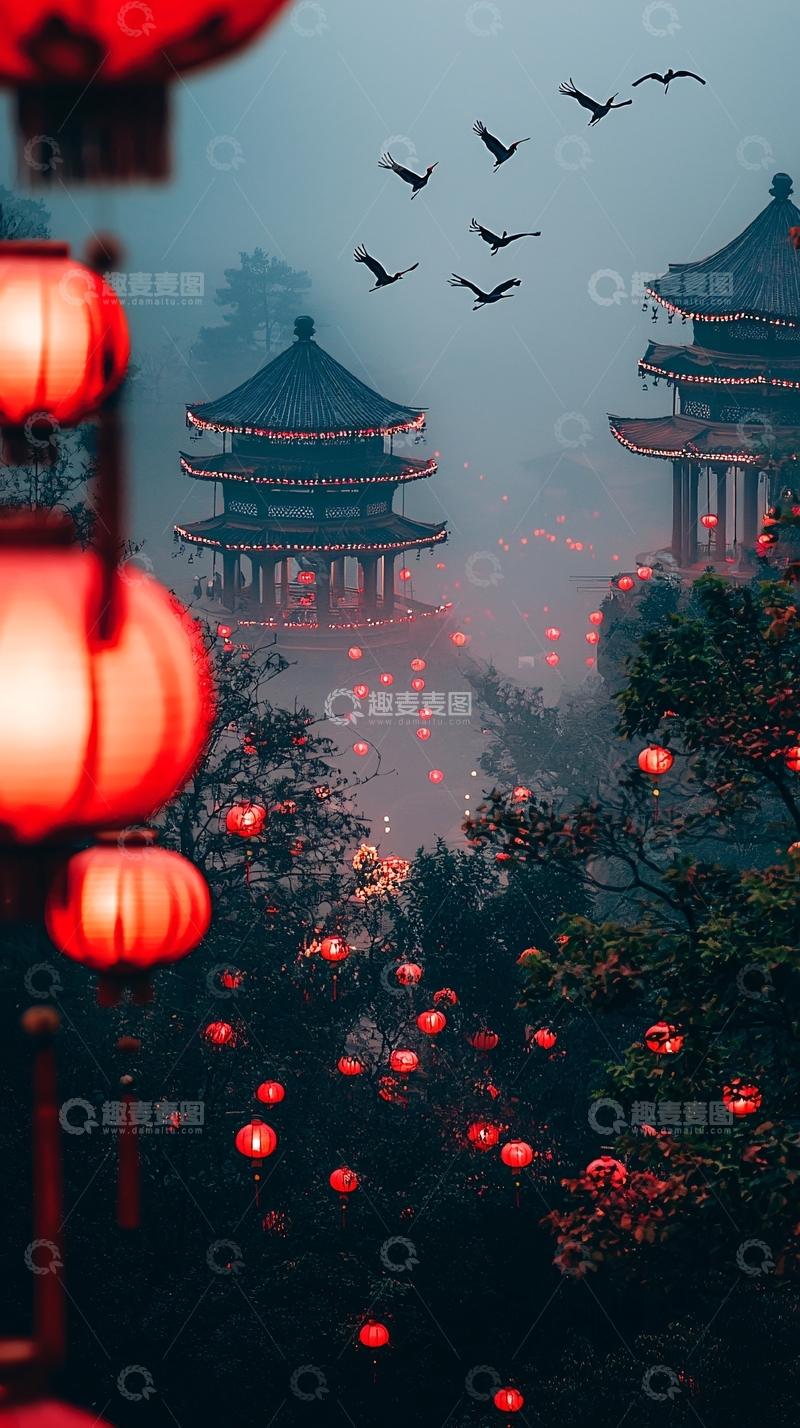 高清大图下载【趣麦麦图】红灯笼点缀的中国建筑群