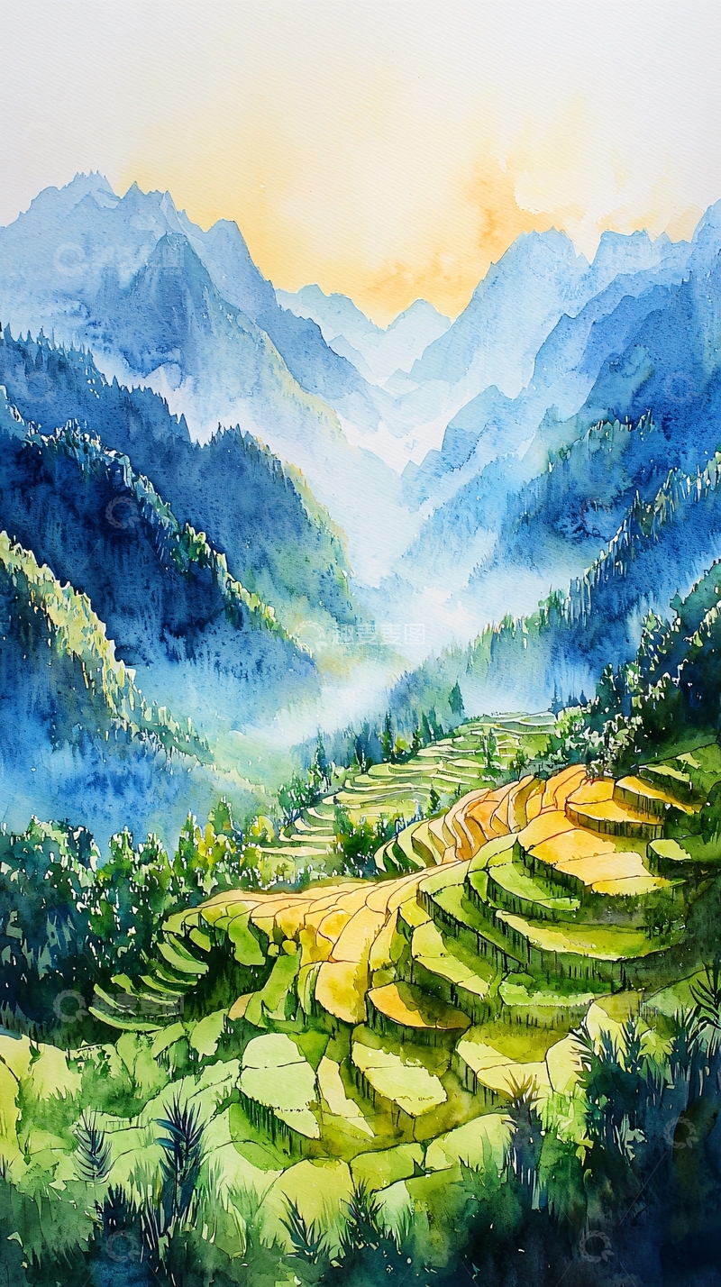 高清大图下载【趣麦麦图】山间梯田水彩画