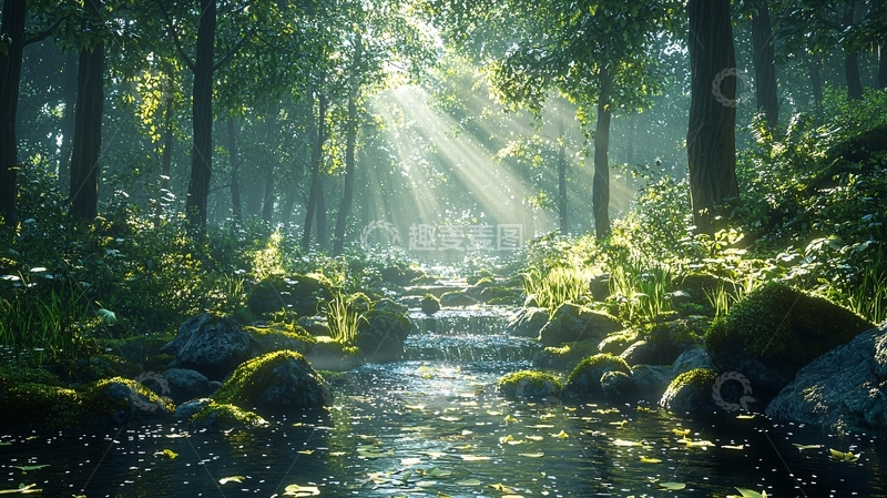 高清大图下载【趣麦麦图】阳光穿透森林溪流