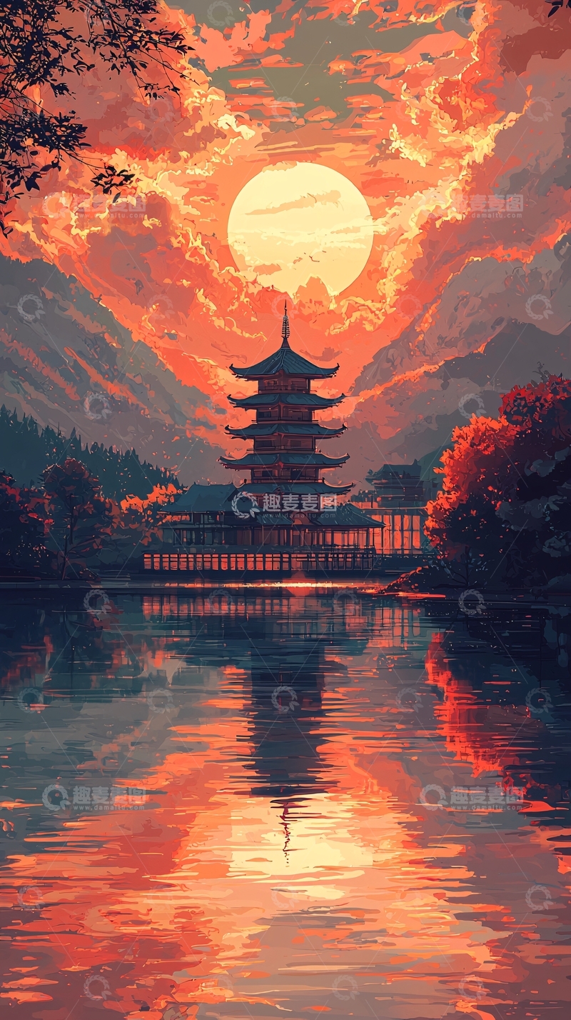 高清大图下载【趣麦麦图】日式湖面倒影夕阳塔