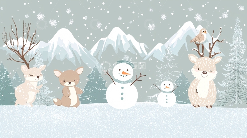 高清大图下载【趣麦麦图】冬日雪景卡通动物