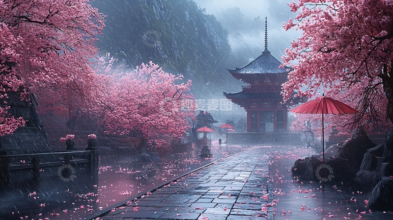 高清大图下载【趣麦麦图】水墨画风格樱花雨景