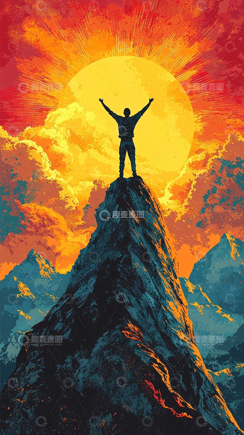 高清大图下载【趣麦麦图】山顶上的人张开双臂
