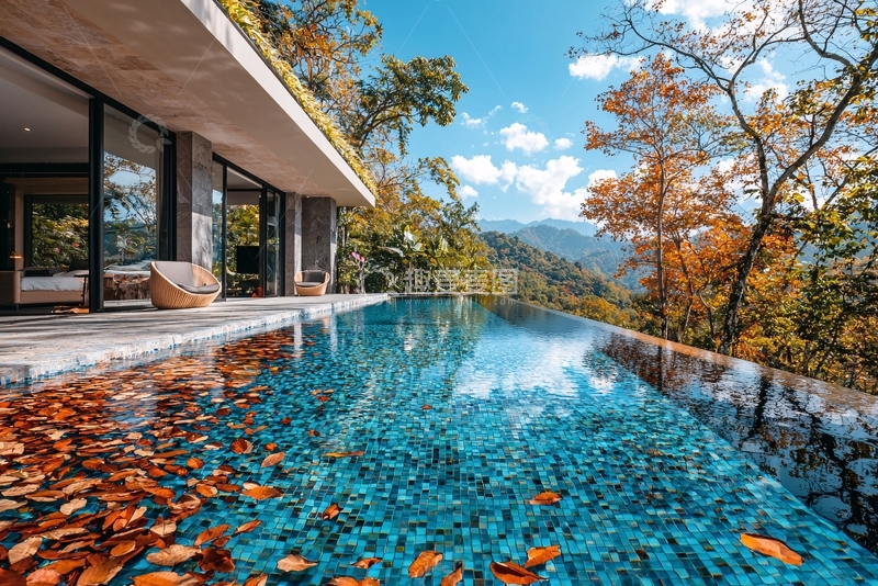 高清大图下载【趣麦麦图】山林别墅泳池秋景