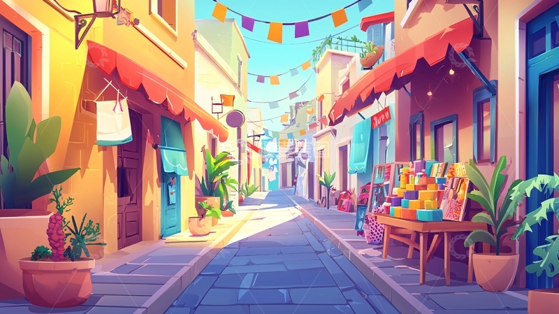 高清大图下载【趣麦麦图】阳光明媚的卡通街道