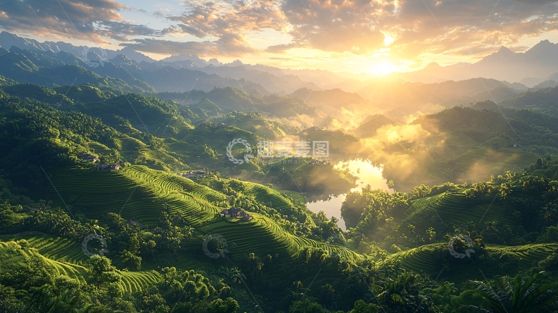 高清大图下载【趣麦麦图】日出山峦湖泊景色